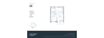 A floor plan for a residence labeled A8 shows a 1 bedroom and 1 bathroom layout.
