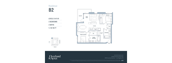 A floor plan for a residence B2 by Overland shows two bedrooms and two baths.