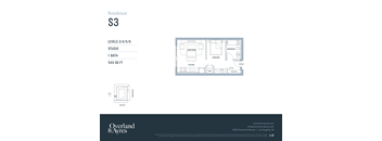 A floor plan for a residence labeled S3 shows a studio apartment with a bathroom, bedroom, living room, and kitchen.