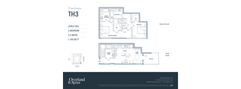 A floor plan for a townhome labeled TH3 shows two levels with detailed room layouts and measurements.