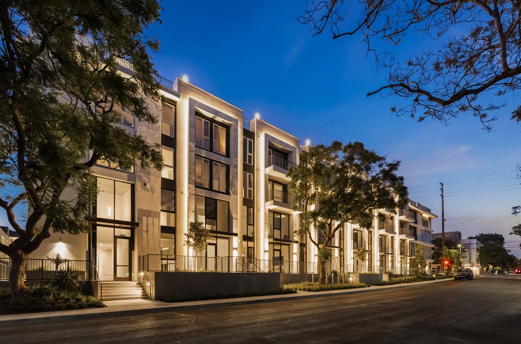 A modern building with a row of trees in front of it.