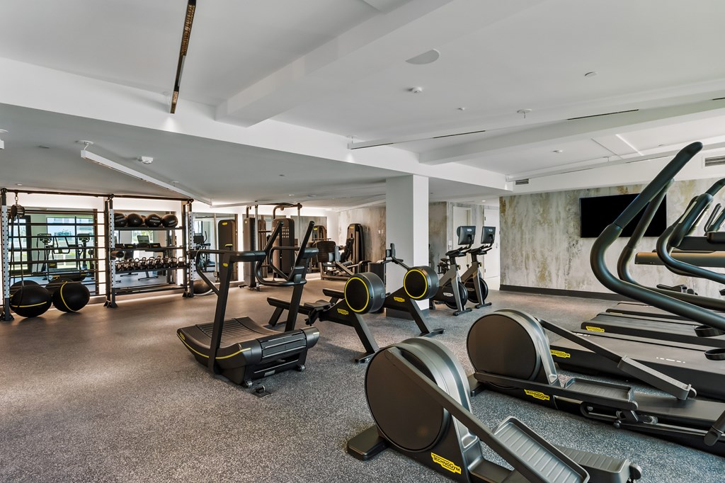 A gym with treadmills, elliptical machines, and other exercise equipment.