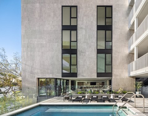 a swimming pool in the middle of a building