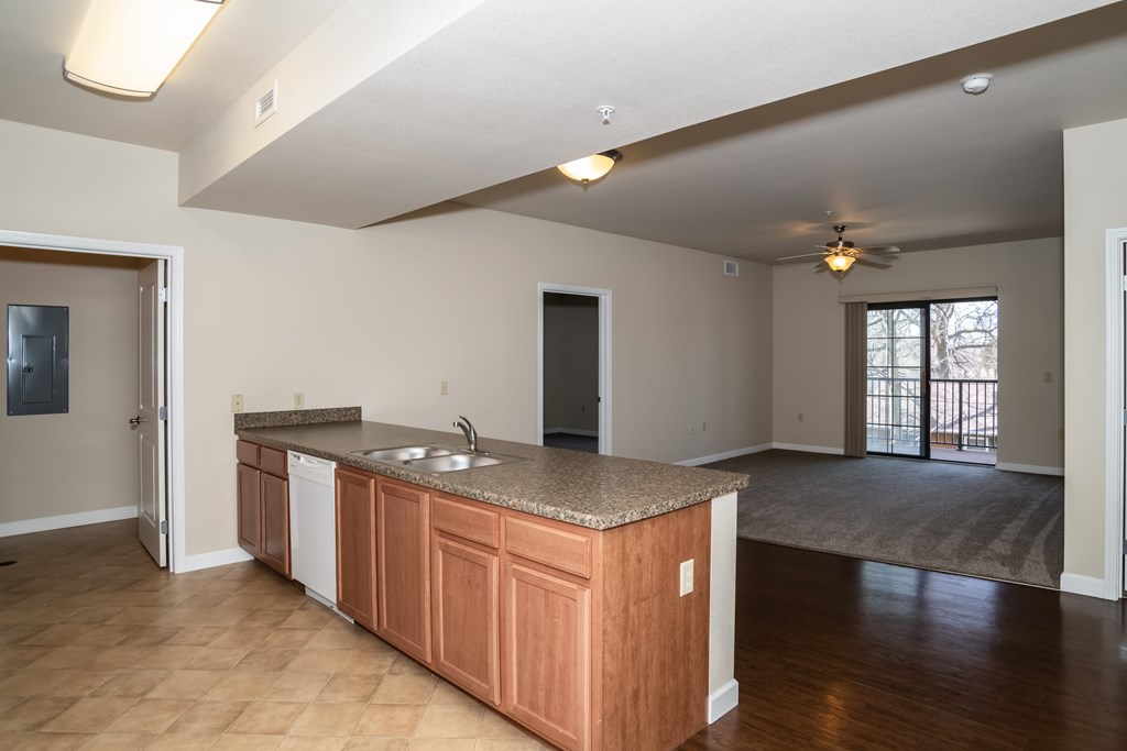 A kitchen with wooden cabinets and a granite countertop.