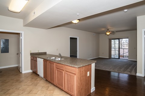 A kitchen with wooden cabinets and a granite countertop.