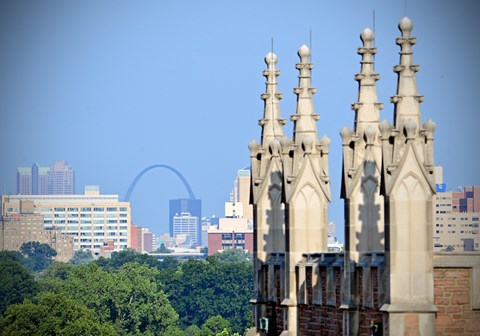 A cityscape with a large arch in the background and a building in the foreground.