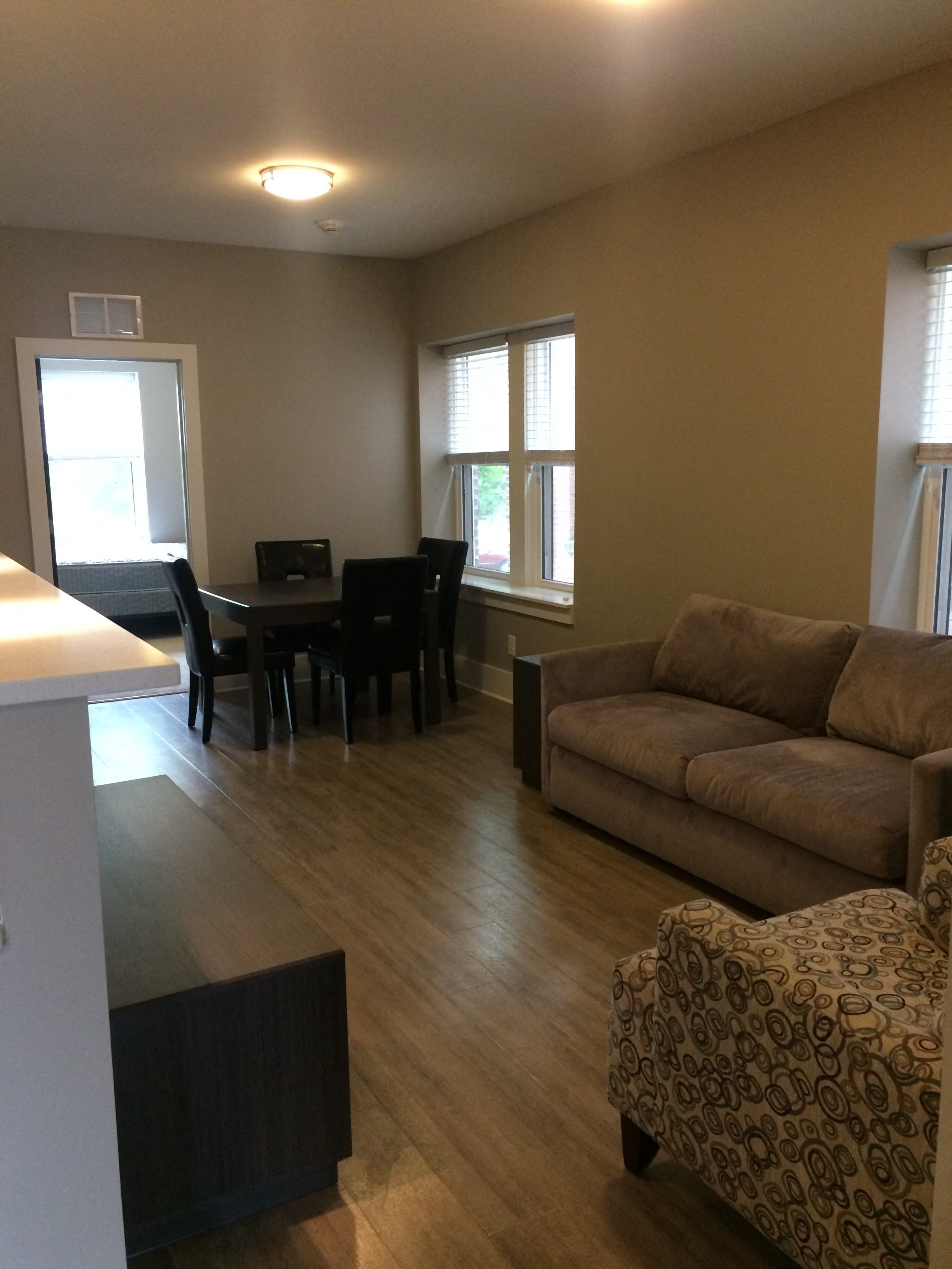 an open living room and dining room with a couch and a table