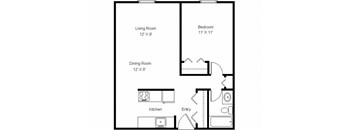 A floor plan of a small apartment with a living room, dining room, kitchen, and bedroom.