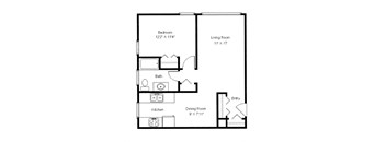 A floor plan of a small apartment with a bedroom, living room, kitchen, and dining room.
