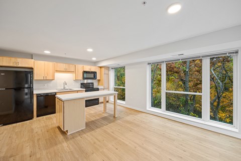 a kitchen with a large window and an island with a counter top