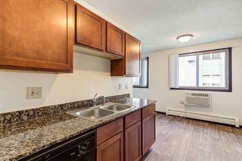 a kitchen with wood cabinets and granite counter tops and a sink