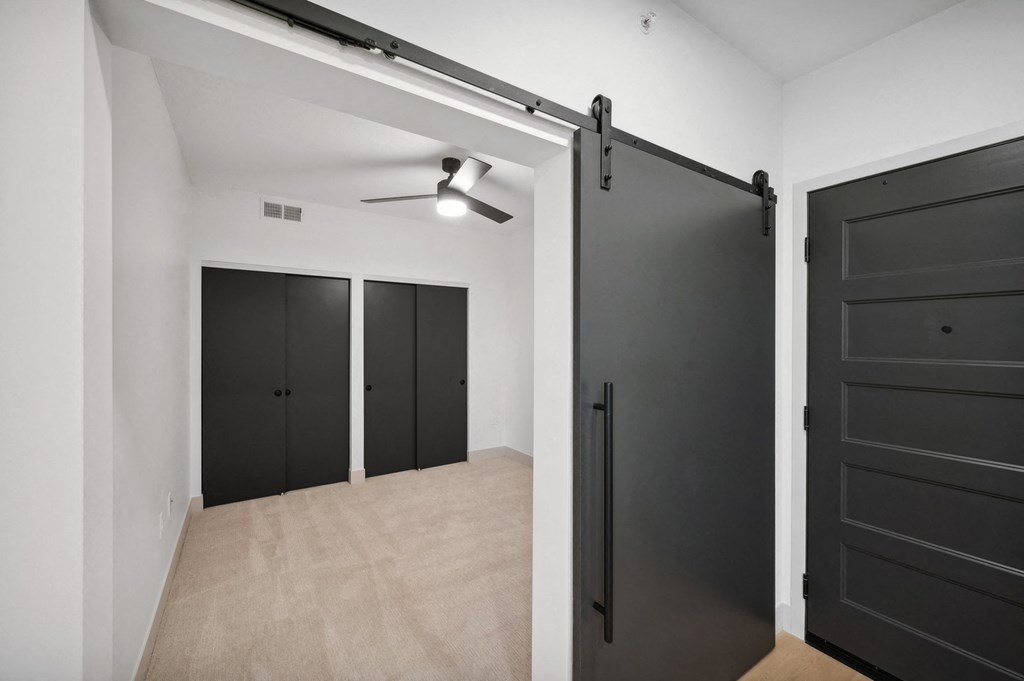 a room with black doors and white walls and a tan floor and a black closet