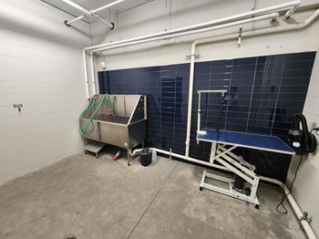 a room with a sink and a bath tub in it