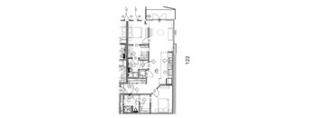 A floor plan of a house with a kitchen, living room, and bathrooms.