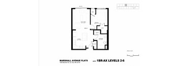 A black and white image of a floor plan for Marshall Avenue Flats.