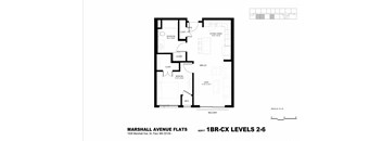 A black and white image of a floor plan for the Marshall Avenue Flats.