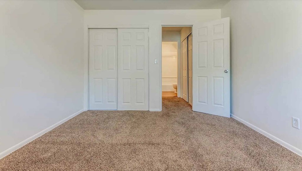 A room with a carpeted floor and two white doors.
