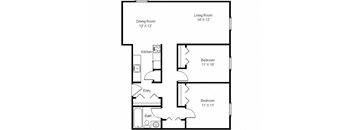 A floor plan of a small apartment with a kitchen, two bathrooms, and two bedrooms.