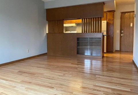a living room with a wood floor and a fireplace