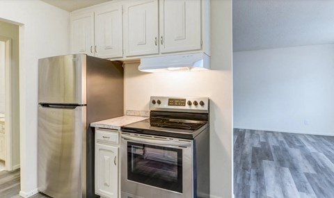 a kitchen with stainless steel appliances and white cabinets