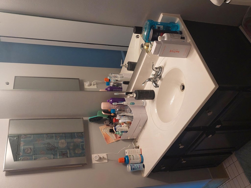 a bathroom with a sink and a mirror