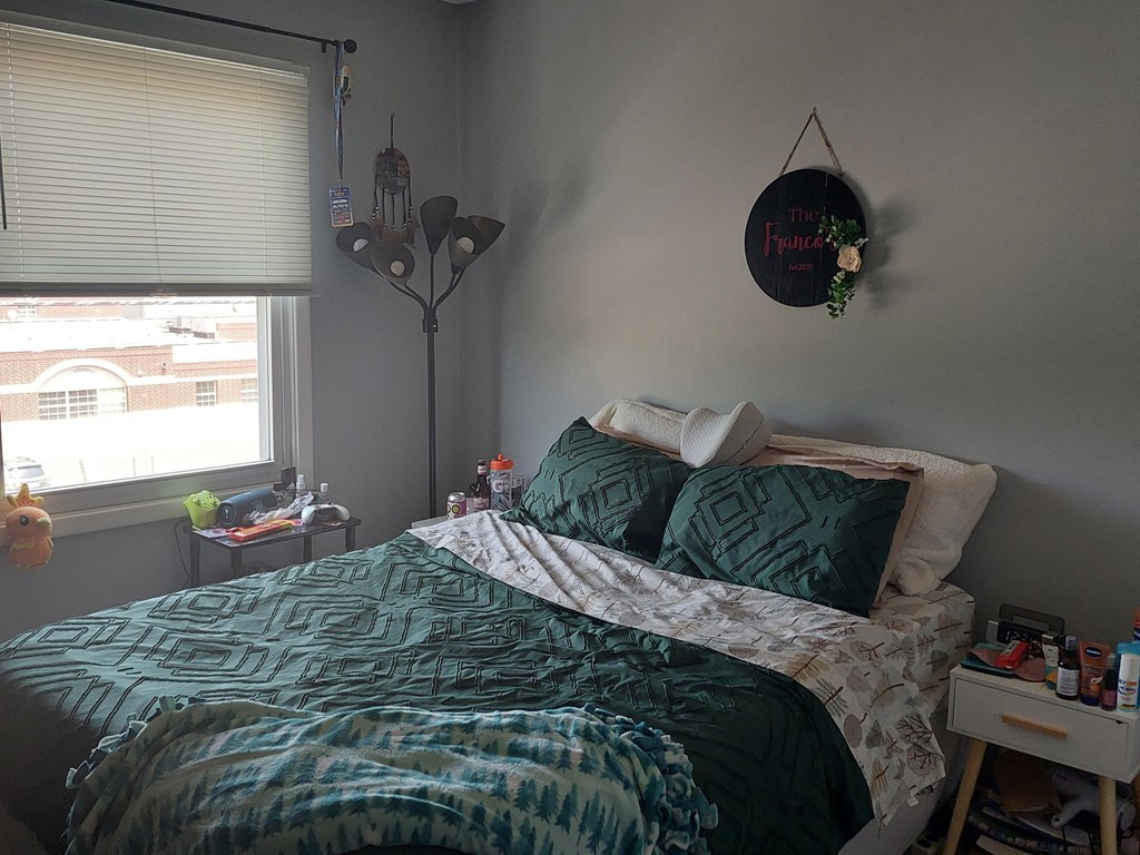 a bedroom with a bed and a window