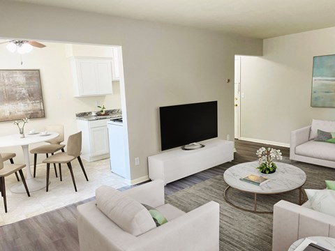 a living room with couches and a table and a television