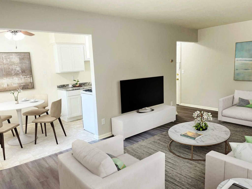 a living room with a couch and a table