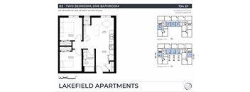A floor plan for a 2 bedroom, one bathroom apartment at Lakefield Apartments.
