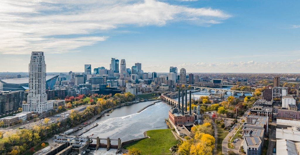 a view of the city from above the river
