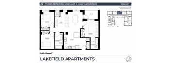 A floor plan of apartment C2 which has three bedrooms and one and a half bathrooms.
