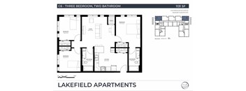 A floor plan for a three bedroom, two bathroom apartment.
