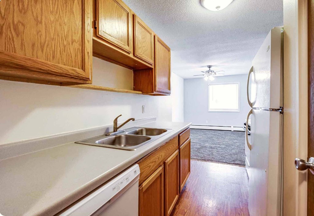 A kitchen with wooden cabinets and a white dishwasher.