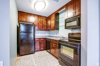 A kitchen with a black refrigerator, black oven, and wooden cabinets.