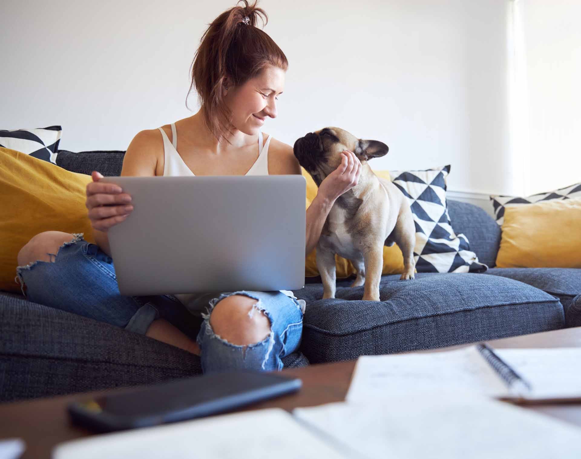 A woman is sitting on a couch with a laptop, a dog is standing on the couch next to her.