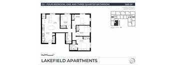 A floor plan of apartment D2 with four bedrooms and one and three quarter bathrooms.