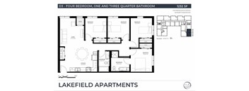 A floor plan of apartment D3 with four bedrooms and one and three quarter bathrooms.