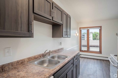 A kitchen with a sink and a window.