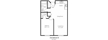 A floor plan of a one bedroom apartment.