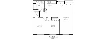 A floor plan of a two bedroom apartment with a living room, kitchen, bathroom and closet.
