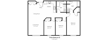 A black and white image of a floor plan for a three bedroom apartment.