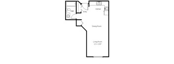 A floor plan of a living space with a living room, dining room, kitchen, and bathroom.