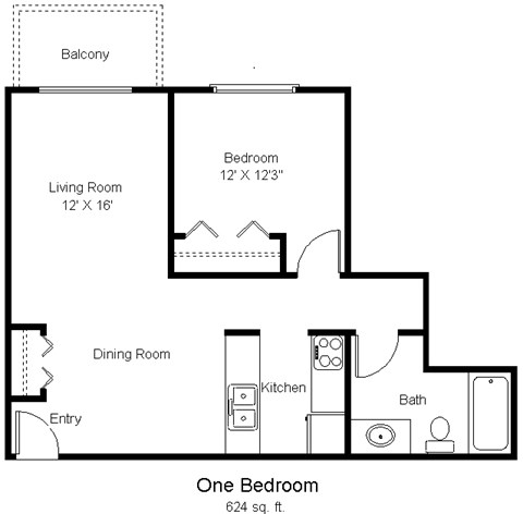 A floor plan of a one bedroom apartment is shown.