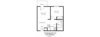 A floor plan of a handicapped unit with one bedroom.