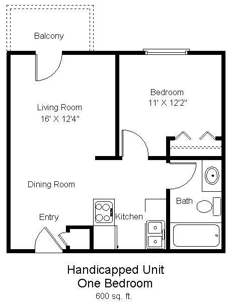 A floor plan of a handicapped unit with one bedroom.