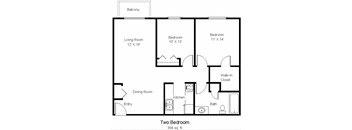 A black and white image of a two bedroom apartment floor plan.