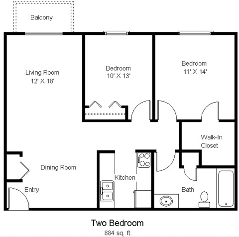 A black and white image of a two bedroom apartment floor plan.