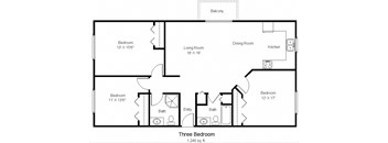 A floor plan of a three bedroom apartment.