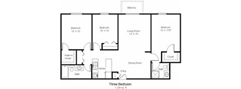 A black and white image of a three bedroom apartment floor plan.