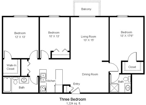 A black and white image of a three bedroom apartment floor plan.
